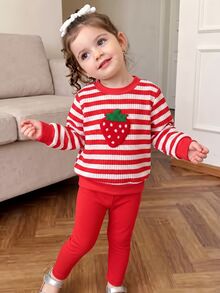 SHEIN Playful Pals 嬰兒休閒可愛紋理針織紅白條紋紅草毛巾刺繡草莓補丁上衣與針織內搭褲套裝 女嬰秋季 - 紅色 - 查看 6