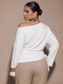 SHEIN BAE CURVE Top de talla grande con cuello asimétrico y cordón lateral - Blanco - Ver 4