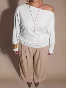 SHEIN BAE CURVE Top de talla grande con cuello asimétrico y cordón lateral - Blanco - Ver 6