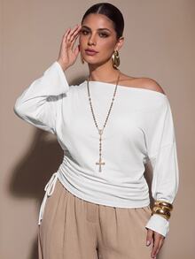 SHEIN BAE CURVE Top de talla grande con cuello asimétrico y cordón lateral - Blanco - Ver 3