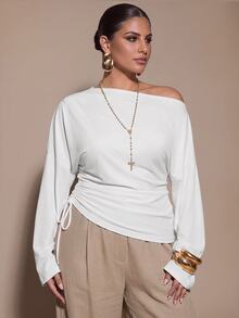 SHEIN BAE CURVE Top de talla grande con cuello asimétrico y cordón lateral - Blanco - Ver 1