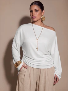 SHEIN BAE CURVE Top de talla grande con cuello asimétrico y cordón lateral - Blanco - Ver 2