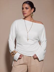 SHEIN BAE CURVE Top de talla grande con cuello asimétrico y cordón lateral - Blanco - Ver 5