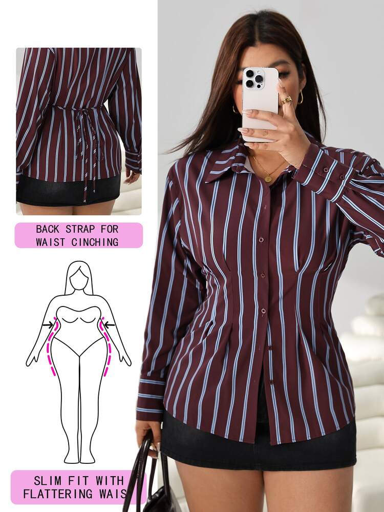 Solflare New Casual Commute Daily Outing Long Sleeve Cinched Waist Ruffle Hem Back Tie Waist Blue Striped Coffee Color Floral Print Woven Plus Size Shirt Fall - Multicolor - View 5