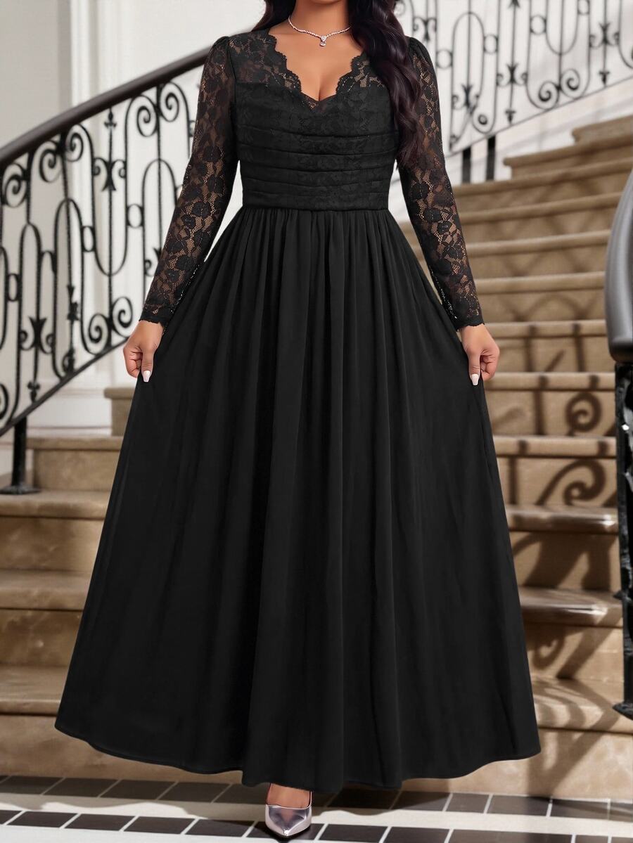 Fleurora Plus Size Women's Contrast Lace V-Neck Long Sleeve Elegant Dress - Black - View 1