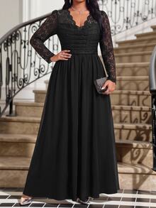 Fleurora Plus Size Women's Contrast Lace V-Neck Long Sleeve Elegant Dress - Black - View 5