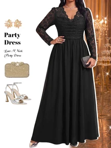 Fleurora Plus Size Women's Contrast Lace V-Neck Long Sleeve Elegant Dress - Black - View 3