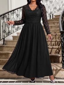 Fleurora Plus Size Women's Contrast Lace V-Neck Long Sleeve Elegant Dress - Black - View 4