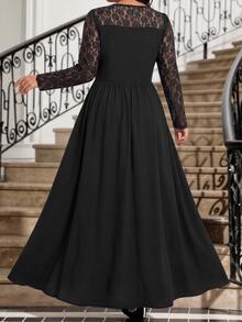 Fleurora Plus Size Women's Contrast Lace V-Neck Long Sleeve Elegant Dress - Black - View 2