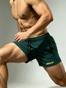 Coreblaze Men's Letter Print Drawstring Waist Double Layer Sports Shorts, Gym - Green - View 8