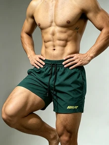 Coreblaze Men's Letter Print Drawstring Waist Double Layer Sports Shorts, Gym - Green - View 7