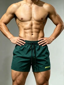 Coreblaze Men's Letter Print Drawstring Waist Double Layer Sports Shorts, Gym - Green - View 6