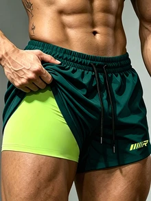 Coreblaze Men's Letter Print Drawstring Waist Double Layer Sports Shorts, Gym - Green - View 1