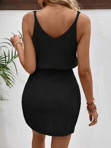 EMERY ROSE Fashionable Hollow-Out Crochet Flower V-Neck Women's Sweater Dress - Black - View 2