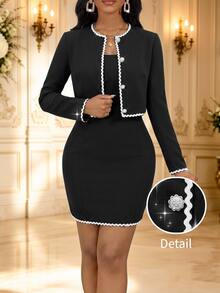 Fleurora Women's Solid Color Dress And Contrast Trim Long Sleeve Cardigan Fashion 2 Pieces Set - Black - View 4