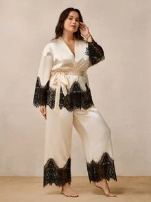 Hourtrue 2-Piece Set Women's Sexy Plus Size Silk Pajama Set, Contrast Color Lace Trim Long Sleeve Sleepwear, Elegant Satin Plus Size Loungewear - Champagne - View 4