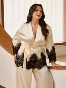 Hourtrue 2-Piece Set Women's Sexy Plus Size Silk Pajama Set, Contrast Color Lace Trim Long Sleeve Sleepwear, Elegant Satin Plus Size Loungewear - Champagne - View 7