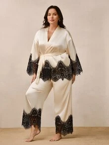 Hourtrue 2-Piece Set Women's Sexy Plus Size Silk Pajama Set, Contrast Color Lace Trim Long Sleeve Sleepwear, Elegant Satin Plus Size Loungewear - Champagne - View 1