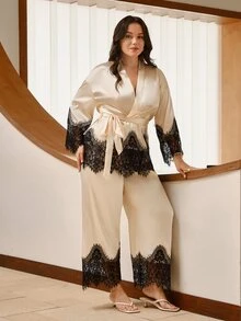 Hourtrue 2-Piece Set Women's Sexy Plus Size Silk Pajama Set, Contrast Color Lace Trim Long Sleeve Sleepwear, Elegant Satin Plus Size Loungewear - Champagne - View 6