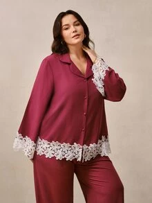 Hourtrue Plus Size Women Lace Trim Single-Breasted Top And Long Sleeve Casual Daily Home Sleepwear Set - Violet Purple - View 5