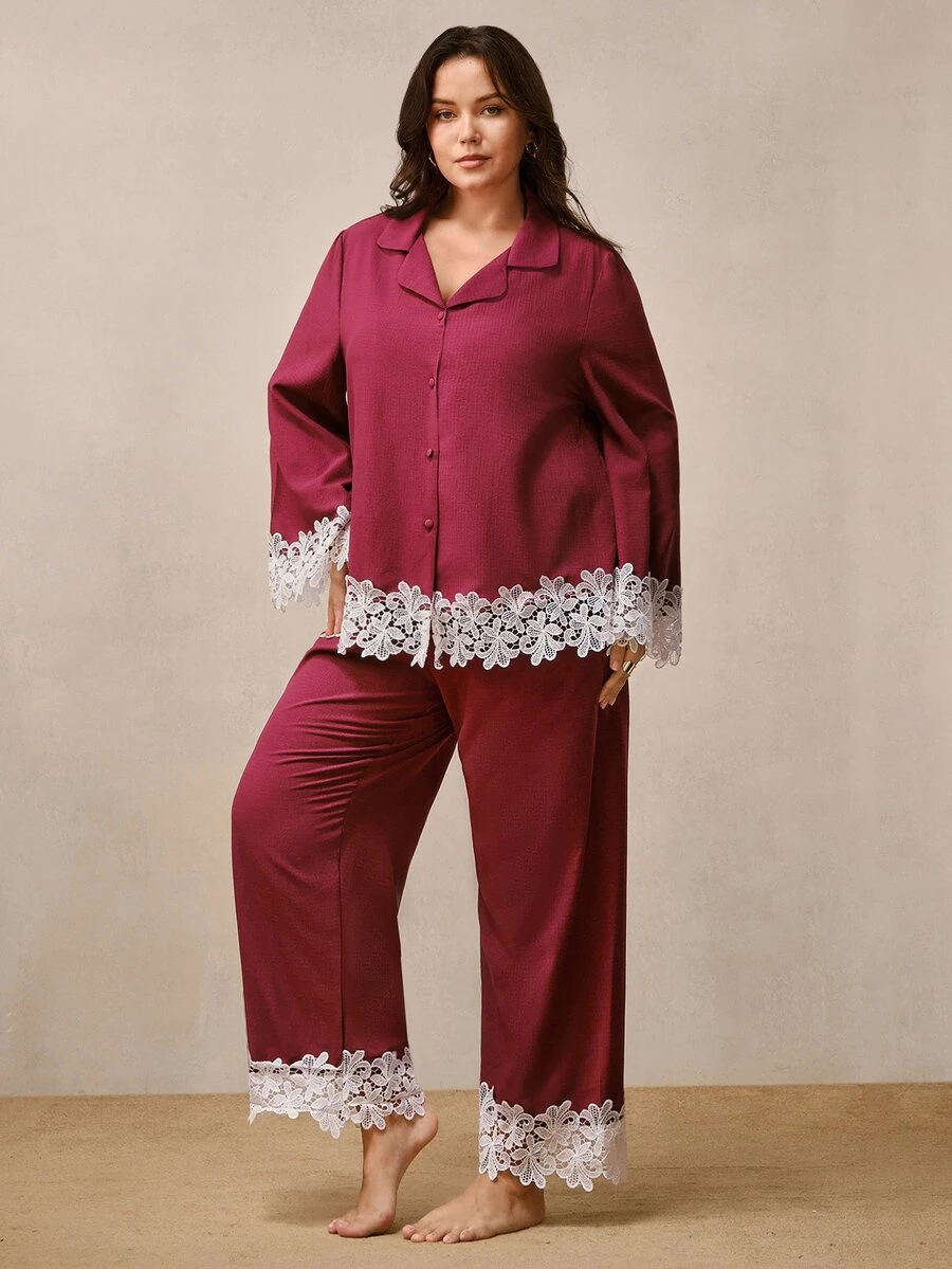 Hourtrue Plus Size Women Lace Trim Single-Breasted Top And Long Sleeve Casual Daily Home Sleepwear Set - Violet Purple - View 1