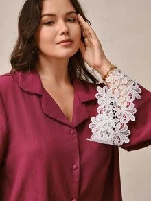 Hourtrue Plus Size Women Lace Trim Single-Breasted Top And Long Sleeve Casual Daily Home Sleepwear Set - Violet Purple - View 6