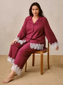 Hourtrue Plus Size Women Lace Trim Single-Breasted Top And Long Sleeve Casual Daily Home Sleepwear Set - Violet Purple - View 7