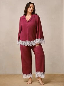 Hourtrue Plus Size Women Lace Trim Single-Breasted Top And Long Sleeve Casual Daily Home Sleepwear Set - Violet Purple - View 3