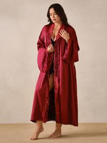 Hourtrue Plus Size Women's Elegant Satin Robe, Soft Lace Trim, Flare Sleeve, Silky & Comfortable, Bridal Robe, Bridesmaid Dress, Includes Waist Belt, Suitable For Home Use - Red - View 4