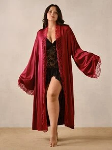 Hourtrue Plus Size Women's Elegant Satin Robe, Soft Lace Trim, Flare Sleeve, Silky & Comfortable, Bridal Robe, Bridesmaid Dress, Includes Waist Belt, Suitable For Home Use - Red - View 1