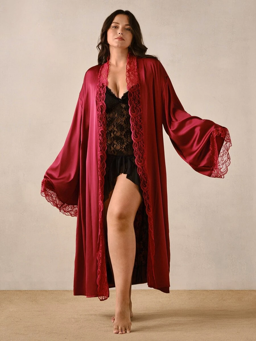 Hourtrue Plus Size Women's Elegant Satin Robe, Soft Lace Trim, Flare Sleeve, Silky & Comfortable, Bridal Robe, Bridesmaid Dress, Includes Waist Belt, Suitable For Home Use - Red - View 1