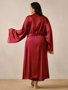 Hourtrue Plus Size Women's Elegant Satin Robe, Soft Lace Trim, Flare Sleeve, Silky & Comfortable, Bridal Robe, Bridesmaid Dress, Includes Waist Belt, Suitable For Home Use - Red - View 2