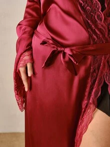 Hourtrue Plus Size Women's Elegant Satin Robe, Soft Lace Trim, Flare Sleeve, Silky & Comfortable, Bridal Robe, Bridesmaid Dress, Includes Waist Belt, Suitable For Home Use - Red - View 7