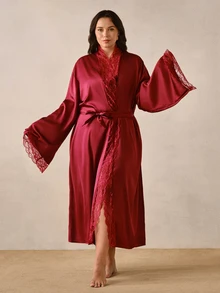 Hourtrue Plus Size Women's Elegant Satin Robe, Soft Lace Trim, Flare Sleeve, Silky & Comfortable, Bridal Robe, Bridesmaid Dress, Includes Waist Belt, Suitable For Home Use - Red - View 6