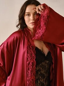 Hourtrue Plus Size Women's Elegant Satin Robe, Soft Lace Trim, Flare Sleeve, Silky & Comfortable, Bridal Robe, Bridesmaid Dress, Includes Waist Belt, Suitable For Home Use - Red - View 5