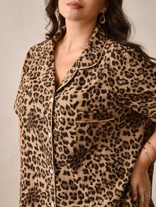 Hourtrue Plus Size Women Leopard Print Bubble Crinkle Short Sleeve Shorts Pajama Set - Brown - View 7