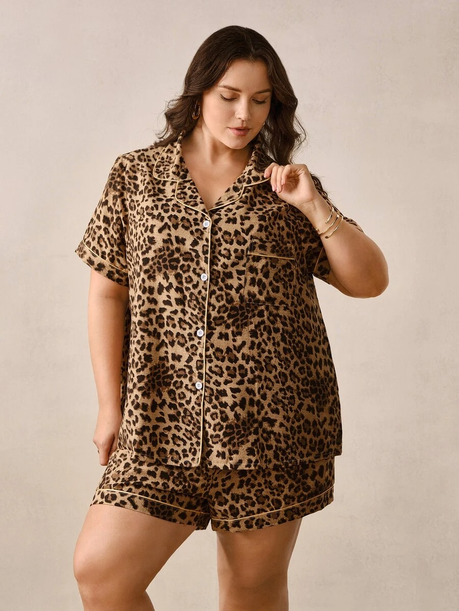 Hourtrue Plus Size Women Leopard Print Bubble Crinkle Short Sleeve Shorts Pajama Set - Brown - View 1