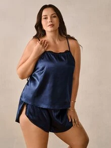 Hourtrue Bộ đồ ngủ mặc nhà nữ size lớn thanh lịch quyến rũ, áo hai dây phối ren đính ren xẻ tà + quần short xẻ tà - Màu xanh hải quân - Xem 5