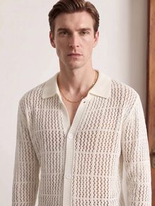 Manfinity CityGents Men's Solid Color Hollow Knit Cardigan Holiday Festival Autumn Streetwear Winter - White - View 4