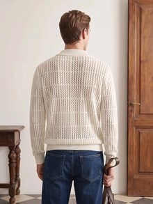 Manfinity CityGents Men's Solid Color Hollow Knit Cardigan Holiday Festival Autumn Streetwear Winter - White - View 2