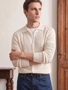 Manfinity CityGents Men's Solid Color Hollow Knit Cardigan Holiday Festival Autumn Streetwear Winter - White - View 1