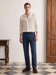 Manfinity CityGents Men's Solid Color Hollow Knit Cardigan Holiday Festival Autumn Streetwear Winter - White - View 3