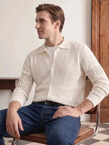 Manfinity CityGents Men's Solid Color Hollow Knit Cardigan Holiday Festival Autumn Streetwear Winter - White - View 5