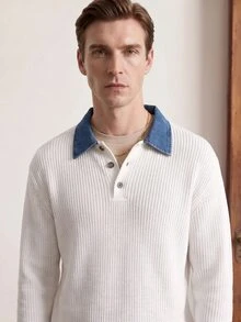 Manfinity CityGents 男士復古拼色 Polo 領長袖休閒針織衫 - 米色 - 查看 5
