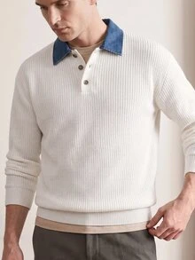Manfinity CityGents 男士復古拼色 Polo 領長袖休閒針織衫 - 米色 - 查看 3
