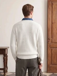 Manfinity CityGents 男士復古拼色 Polo 領長袖休閒針織衫 - 米色 - 查看 2