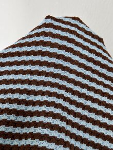 SHEIN EZwear Women's Striped Round Neck Short Sleeve T-Shirt & Shorts Set - Coffee Brown - View 4