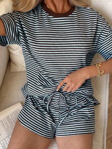 SHEIN EZwear Women's Striped Round Neck Short Sleeve T-Shirt & Shorts Set - Coffee Brown - View 7