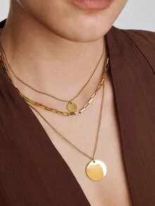Vandermere 1pc Double Layer Stainless Steel Engraved Round Disc Plated Gold Chain Necklace - Round Plaque Without Words - View 1