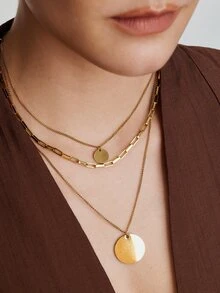 Vandermere 1pc Double Layer Stainless Steel Engraved Round Disc Plated Gold Chain Necklace - Round Plaque Without Words - View 5